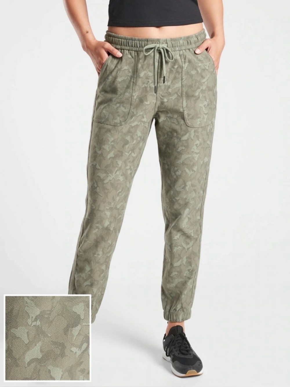 Athleta Farallon Stratum Camo Joggers Olive Green High Rise Drawstring Pants 8
